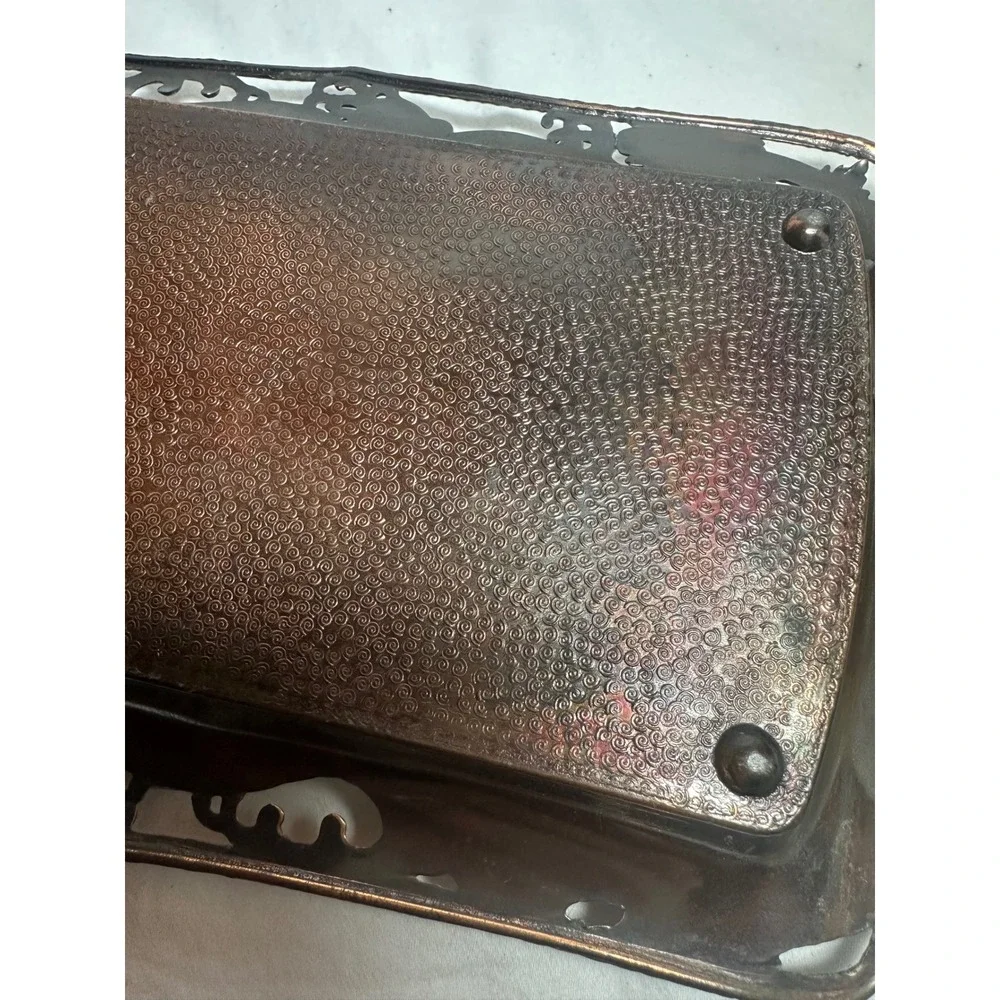 Vintage Dragon Metal Tray Copper Tone Good Ornate Embossed Chinoiserie 9.5in